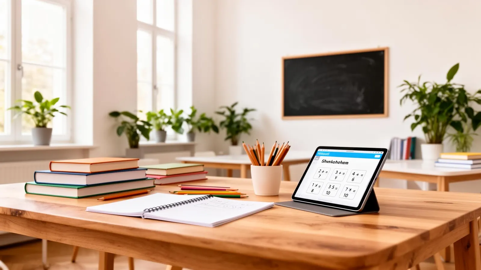 Heller Arbeitsplatz mit Büchern und Tablet im Lernstudio Hannover